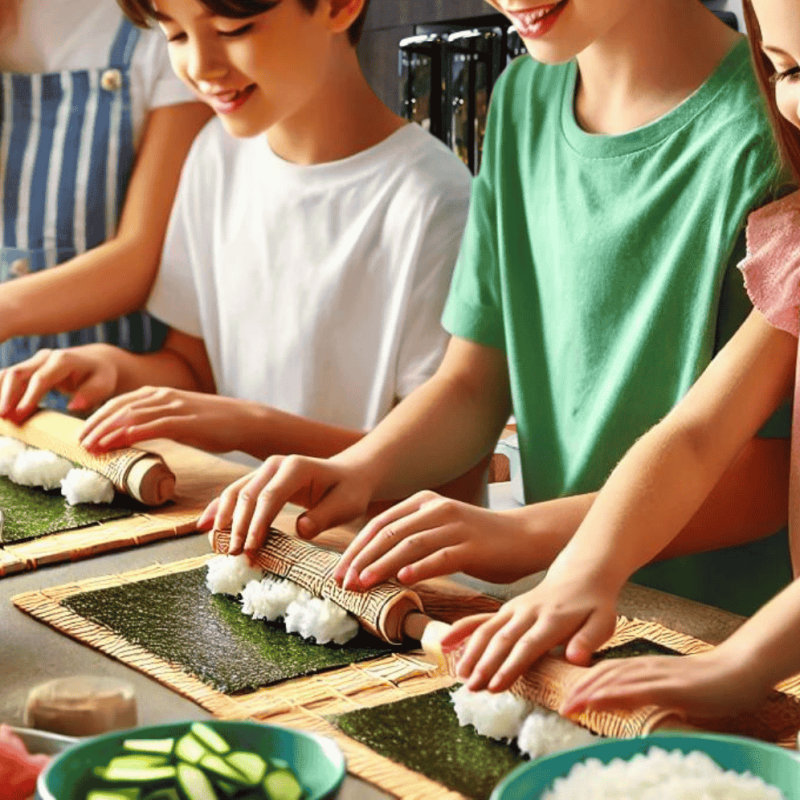 Kids making sushi in a kitchen