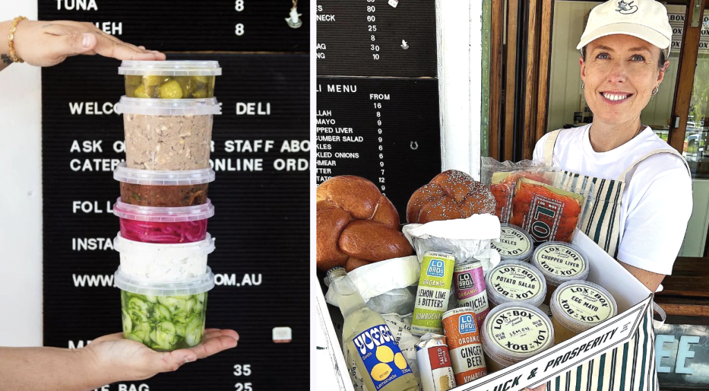 Stacks of dips and a bagel box