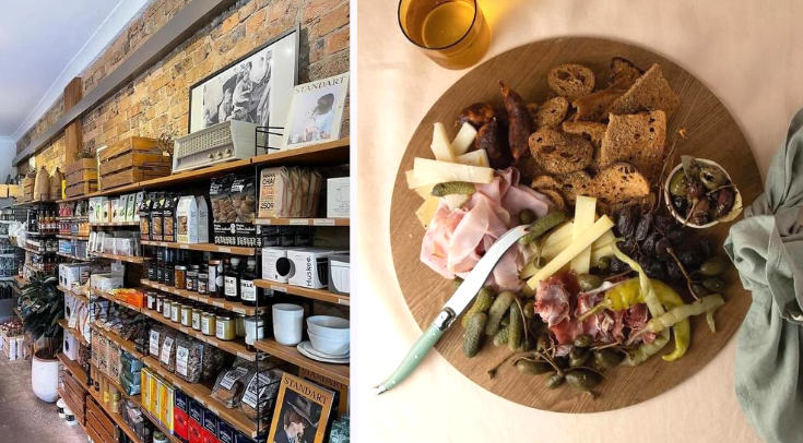 Aisle at a deli and a charcuterie mezze board